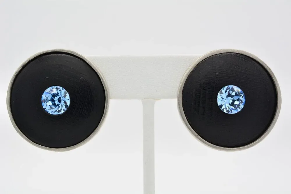 Robin Kahn Vintage Clip On Earrings Blue Crystal Silver Black Chunky Signed 9L